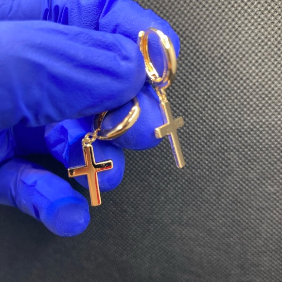 Cross Earrings Gold Huggie Hoop Dangle Drop - Picture 9 of 12